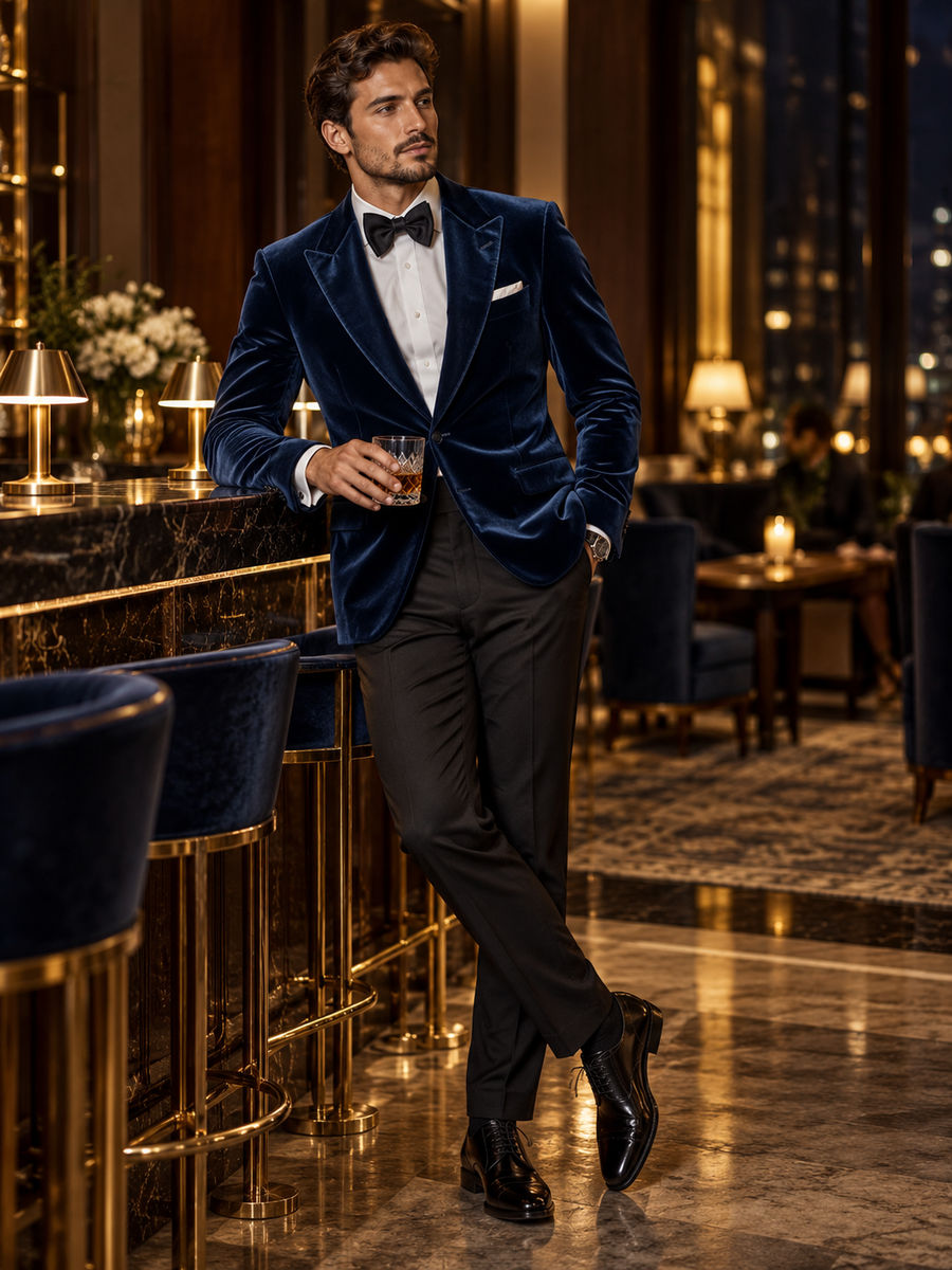 Man wearing a dark-blue velvet dinner jacket, white shirt and black bow tie beside a marble bar in a warmly lit lounge.